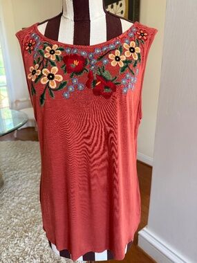 Adiva Floral Embroidered Tank Top Women's L Rust Boho Festival Peasant